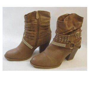 Daisy Fuentes Wiley Boots Slouch Rhinestones Studs Straps Brown Womens 11 M
